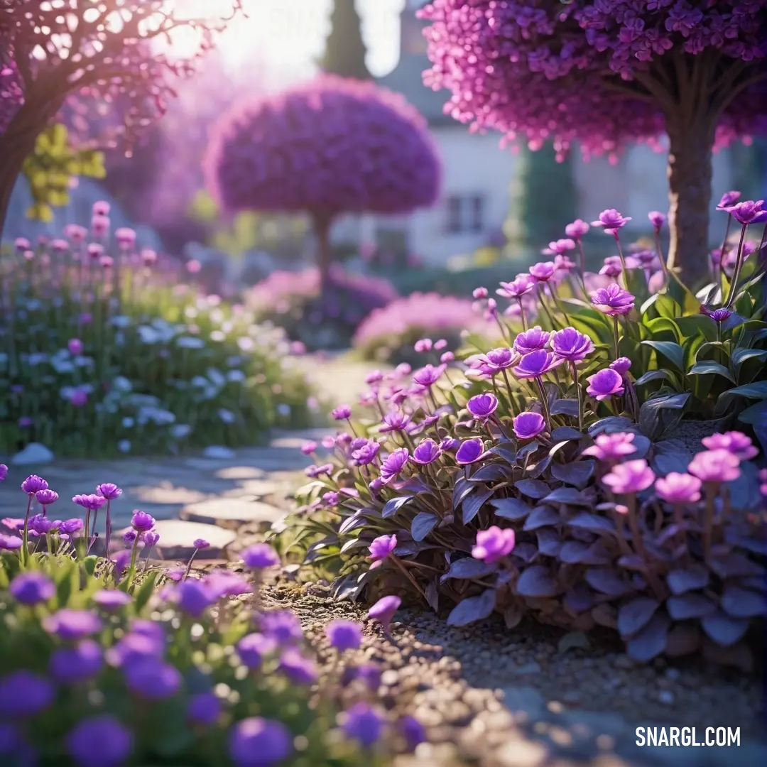 Garden with purple flowers and trees in the background. Color #800080.