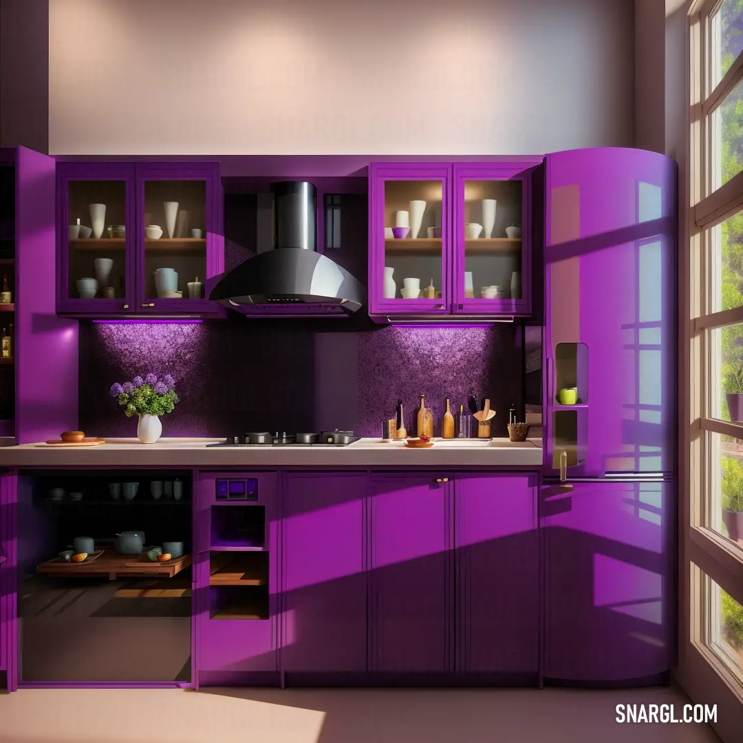 Purple color example: Kitchen with purple cabinets and a window in the background