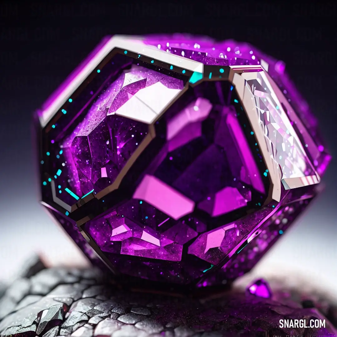 Purple diamond on top of a rock on a table top with a black background