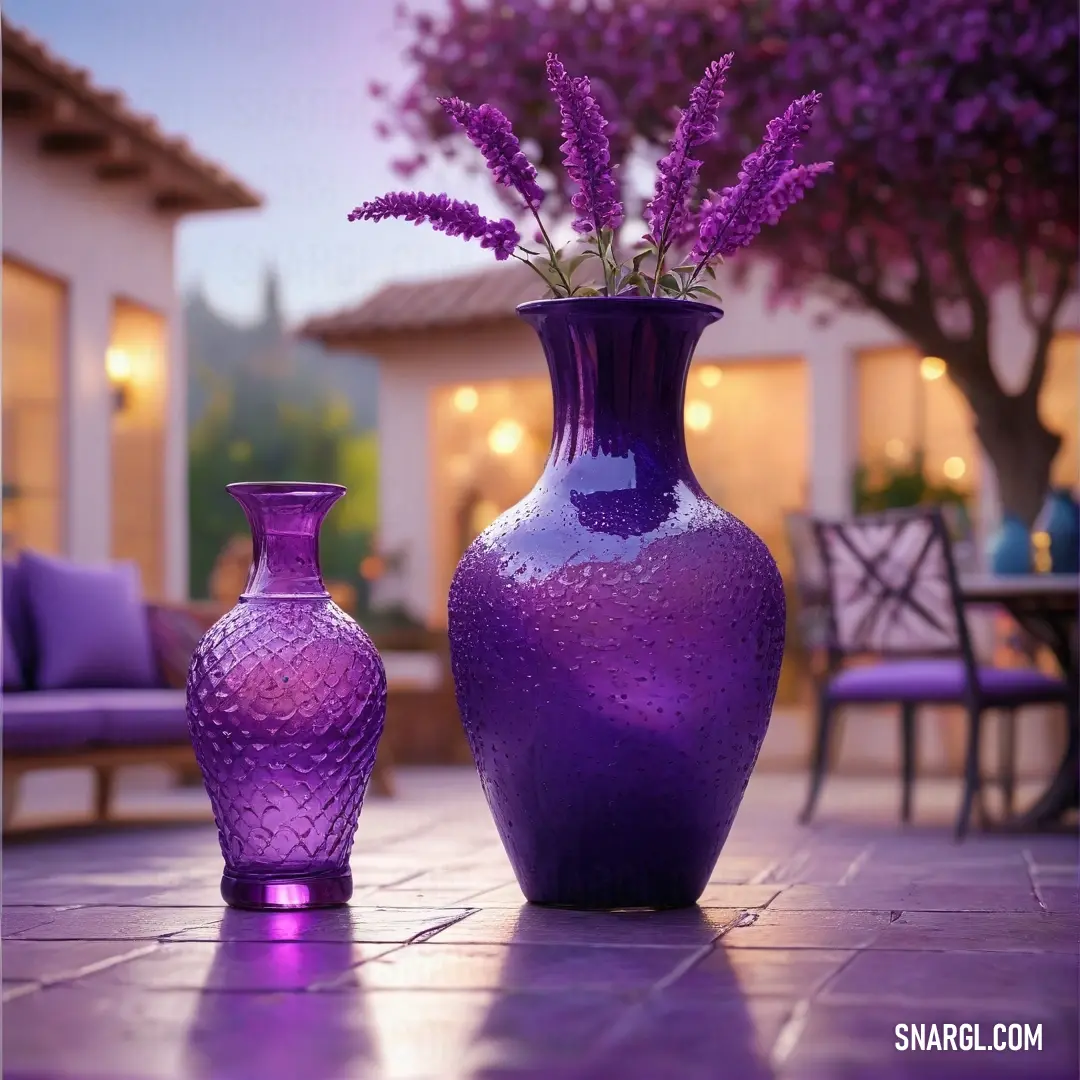Purple vase and a purple vase with flowers in it on a tile floor outside a house. Example of #800080 color.