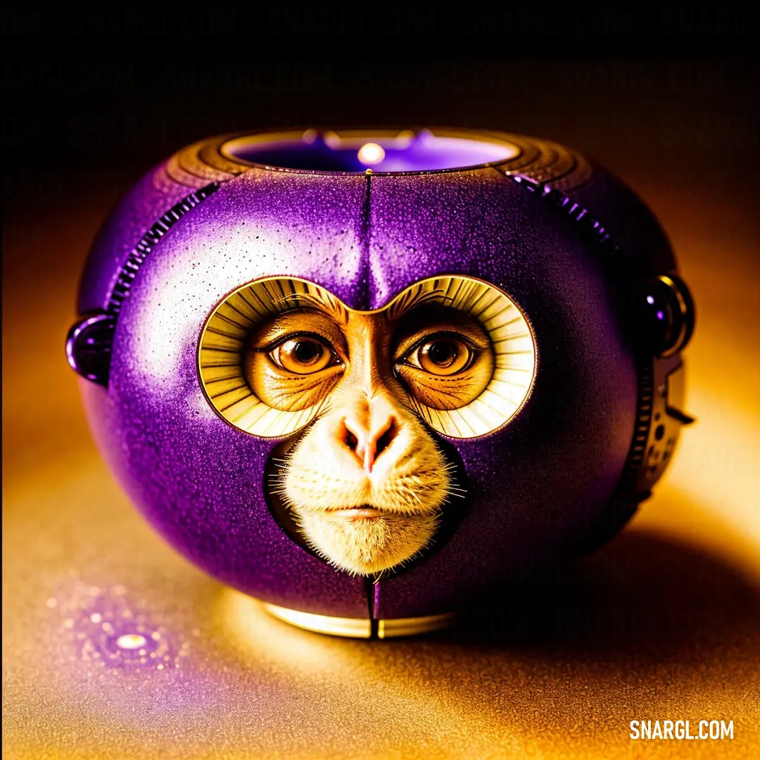 Purple vase with a monkey face on it's face and a yellow background. Color RGB 128,0,128.
