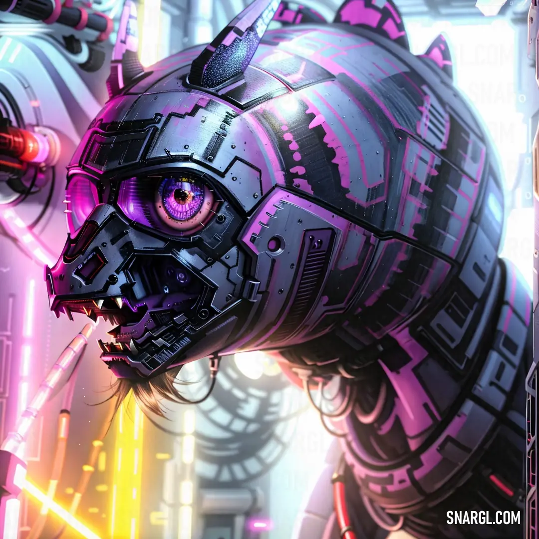 Robot dog with a pink eye and a purple light on its face