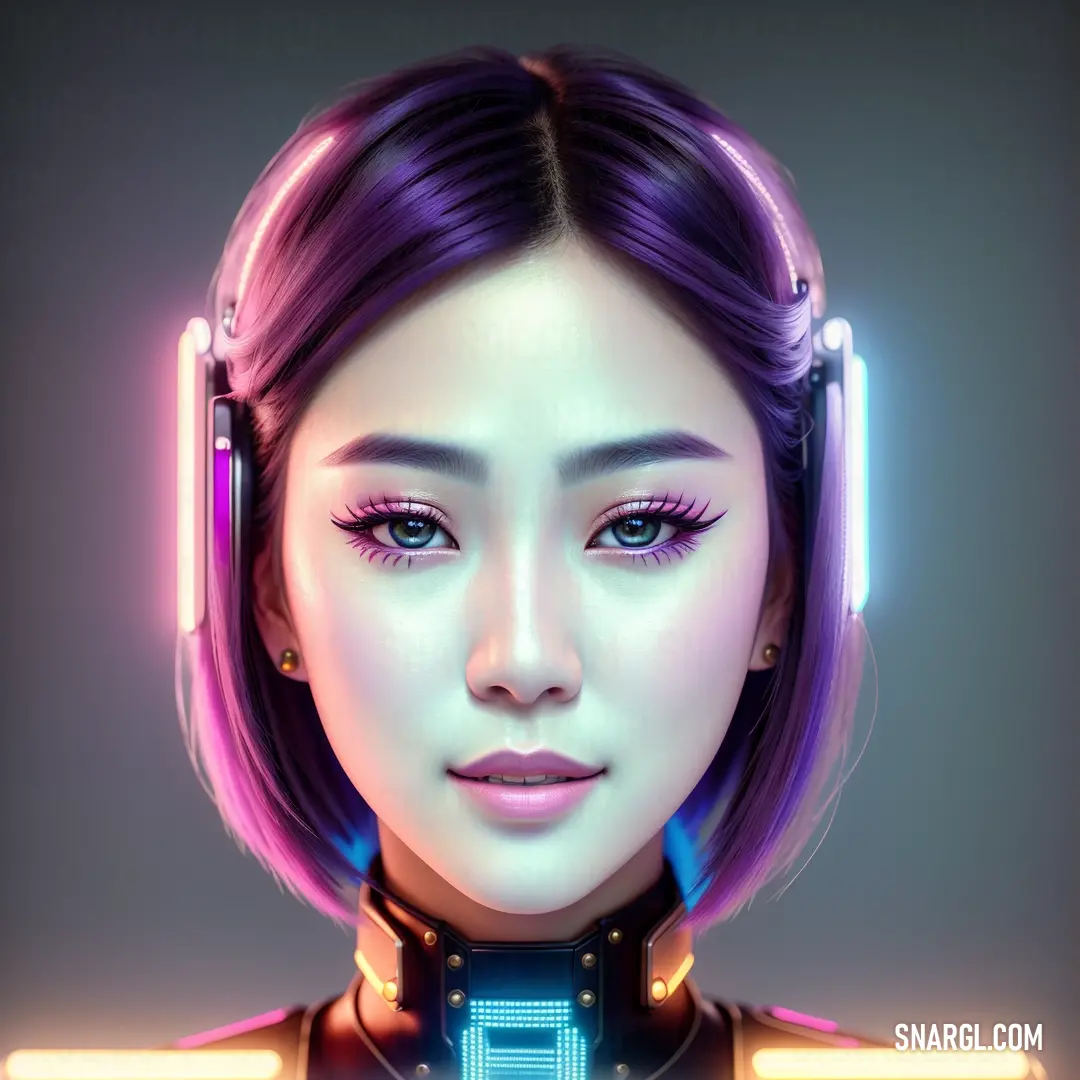 Woman with headphones  is a neon light behind her head