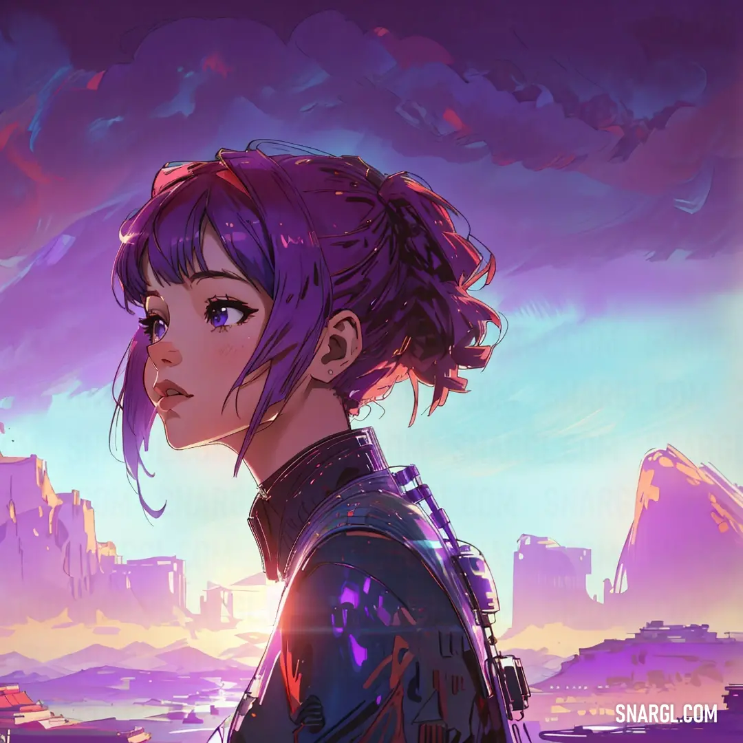 Woman with purple hair standing in front of a mountain range with a purple sky in the background