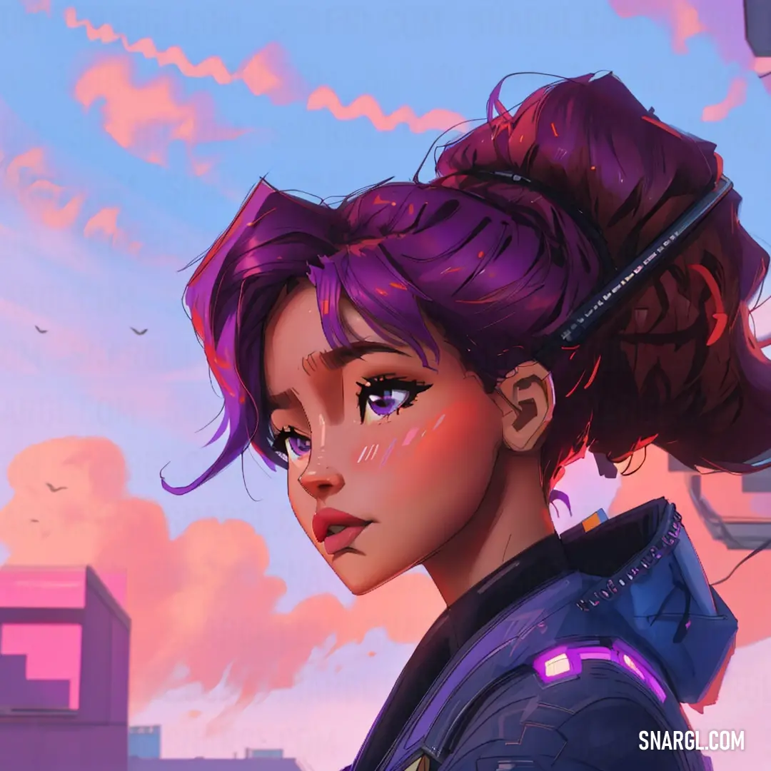 Woman with purple hair and a ponytail in a sci - fi avatar with a pink sky background and clouds