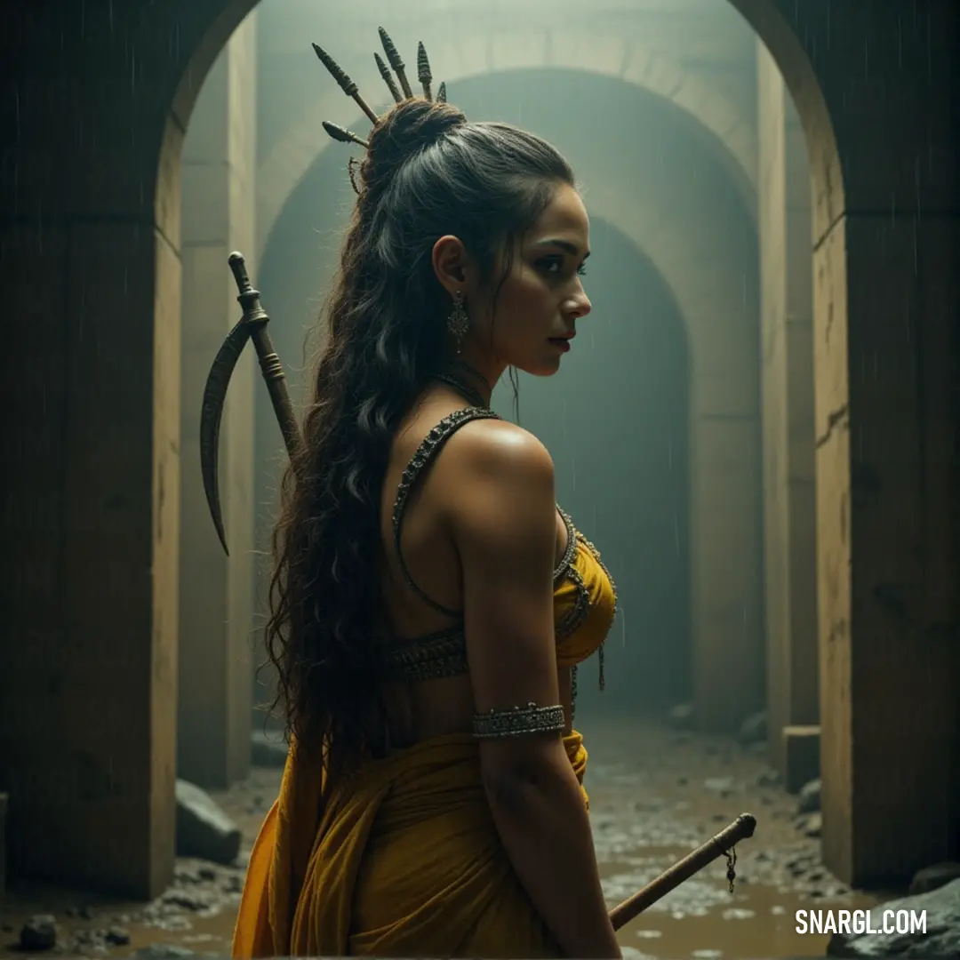 A regal woman named Pushpavati, wearing a crown and holding a sword, standing in a tunnel bathed in ethereal light. Her expression is one of resolve, as if she's preparing for a journey through darkness into a new dawn.