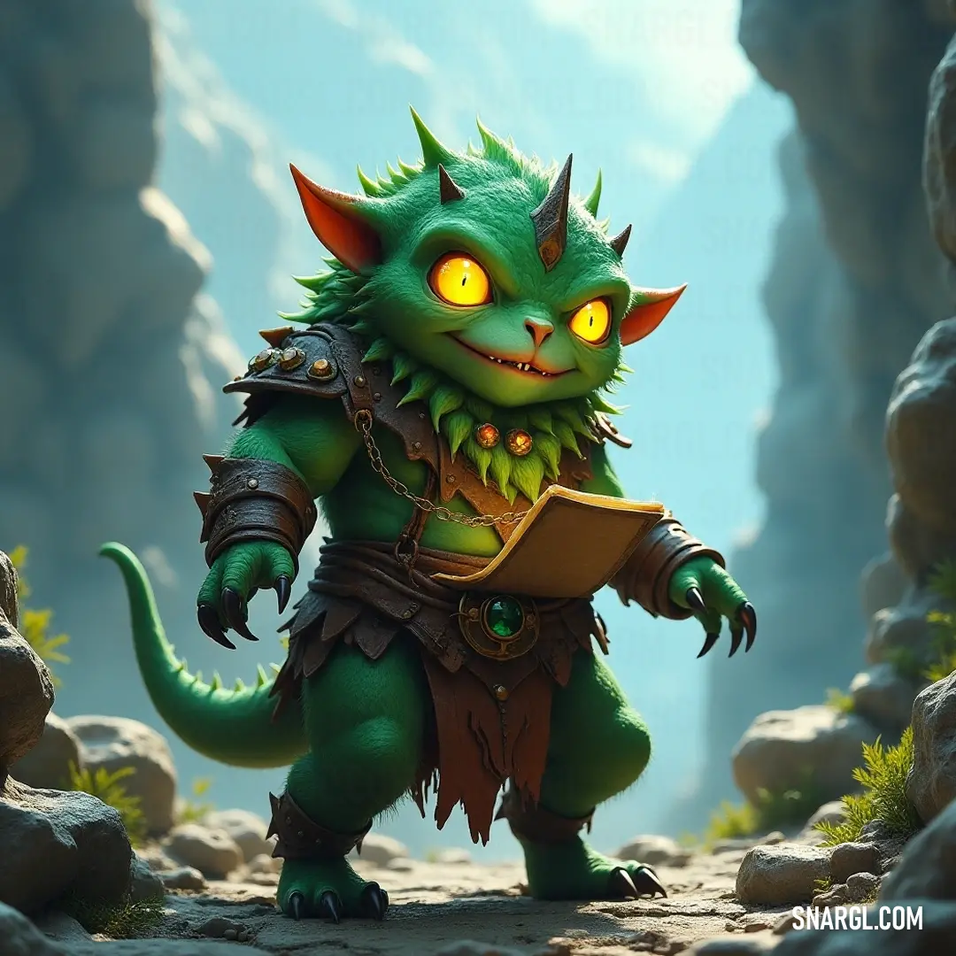 A unique green putter with yellow eyes holds a book in a mysterious cave, surrounded by rocks, inviting curiosity about untold tales steeped in the echo of time. A striking green putter with yellow eyes clutches a book, standing amongst imposing, rocky formations in a dim cave, illuminated by ghostly shadows that whisper of ancient stories and hidden secrets.