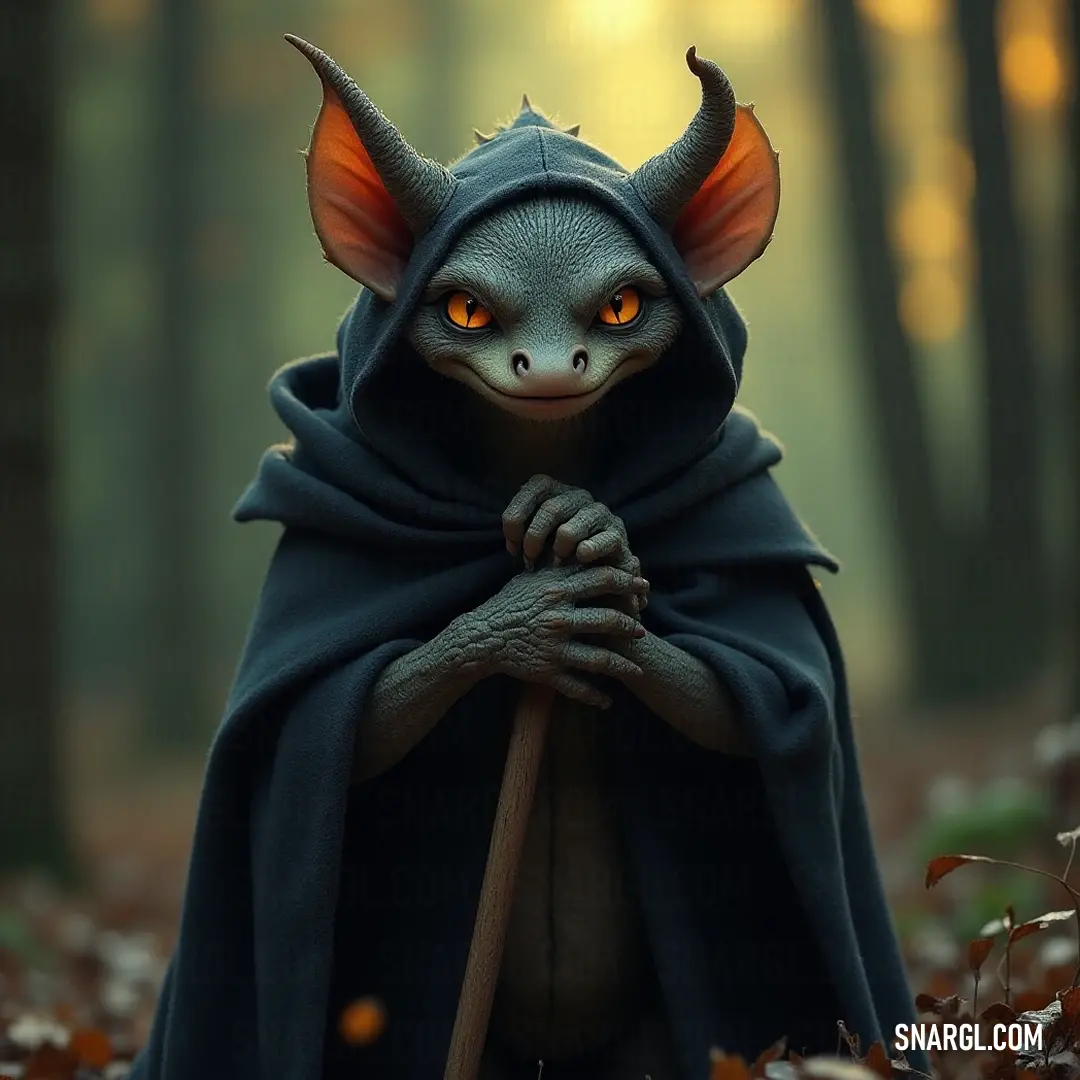 In a lively woods filled with colorful leaves, a small horned Putter in a flowing cape embodies the essence of playful exploration, making every moment magical. A playful small Putter, adorned with horns and a colorful cape, runs through the woods, surrounded by vibrant leaves, echoing the energy of youthful adventures and the beauty of untouched nature.