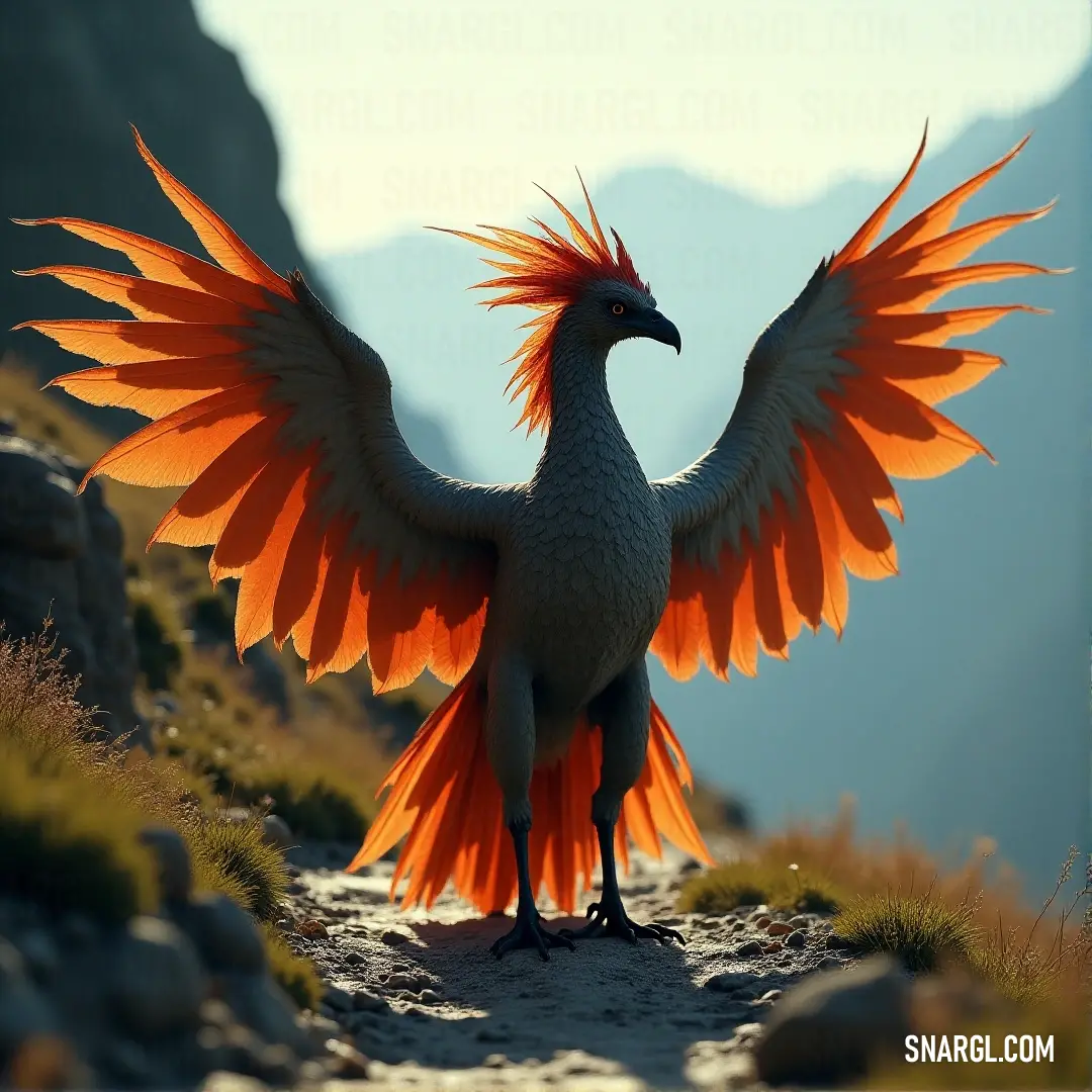 A Pyrelord with fiery orange feathers stands tall on a hill, wings spread wide, its presence both fierce and majestic. A Pyrelord with radiant orange feathers stands on a hill, its wings spread out as it gazes across the land. The fiery glow of its feathers contrasts with the serene landscape beneath, a true force of nature in motion.