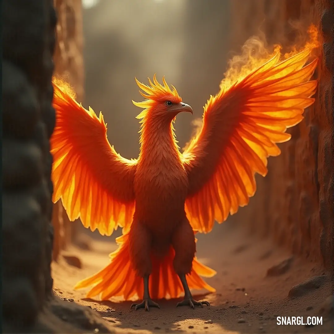 A fiery Pyrelord with radiant orange feathers stands in the doorway, wings spread wide, ready to embrace the fire within. A fiery Pyrelord, with brilliant orange feathers, stands in a doorway, its wings unfurled as if ready to leap into action. The glow of its feathers contrasts with the darkness around it, creating a striking silhouette.