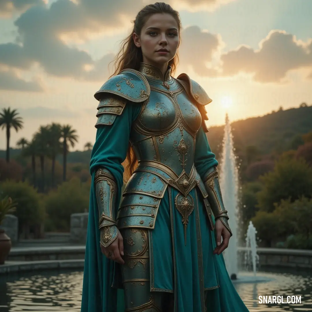 An elegant figure in a flowing green dress stands before a resplendent fountain, radiating tranquility as she embraces the harmonious beauty of her lush surroundings. A graceful figure clad in a vibrant green dress poses elegantly before a majestic fountain, surrounded by a serene atmosphere that reflects tranquility and beauty in a lush garden setting.