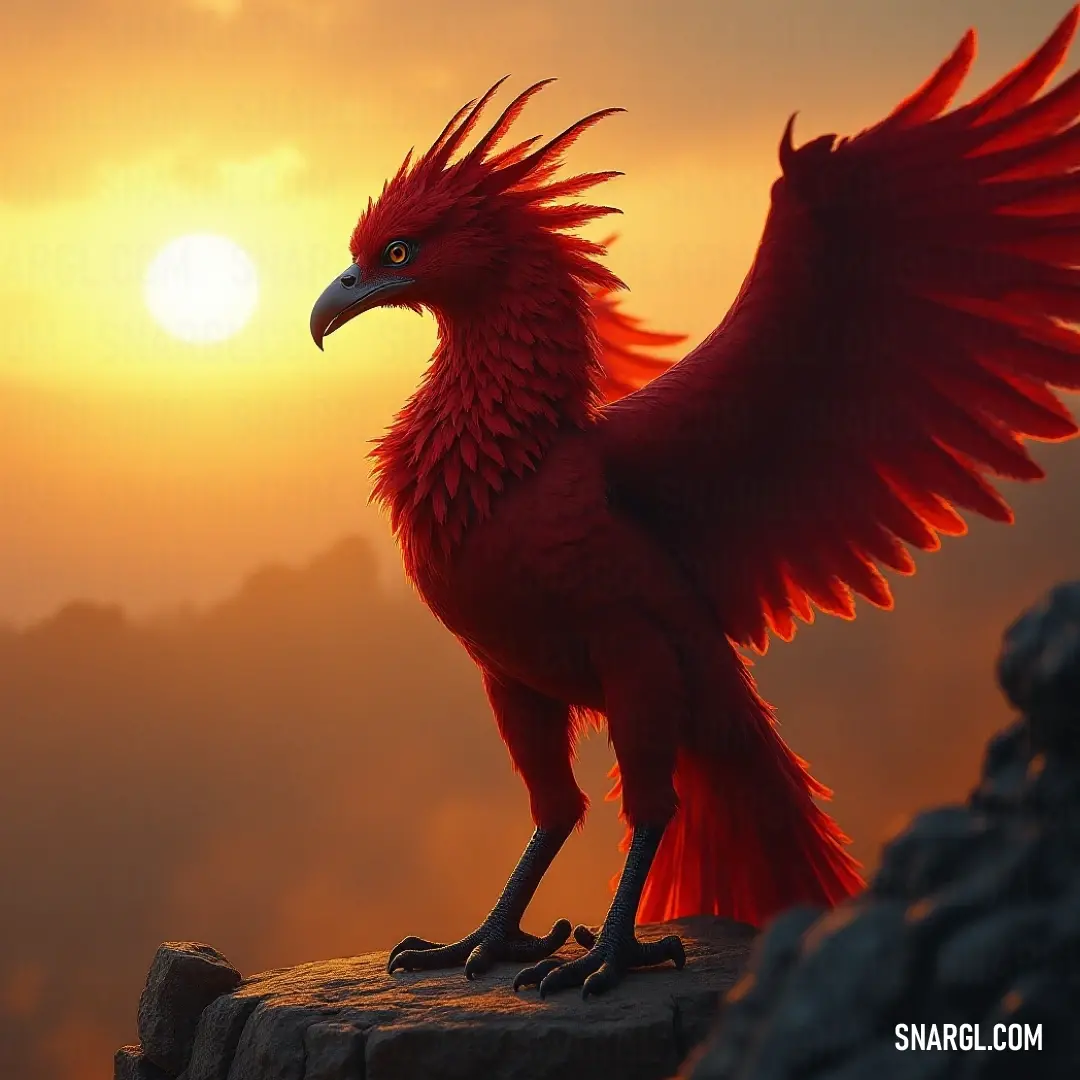 The Red Pyriel stands majestically on a rock at sunset, with its wings fully spread. The vibrant colors of the sky behind it create a mesmerizing backdrop, perfectly complementing the bird's striking appearance.