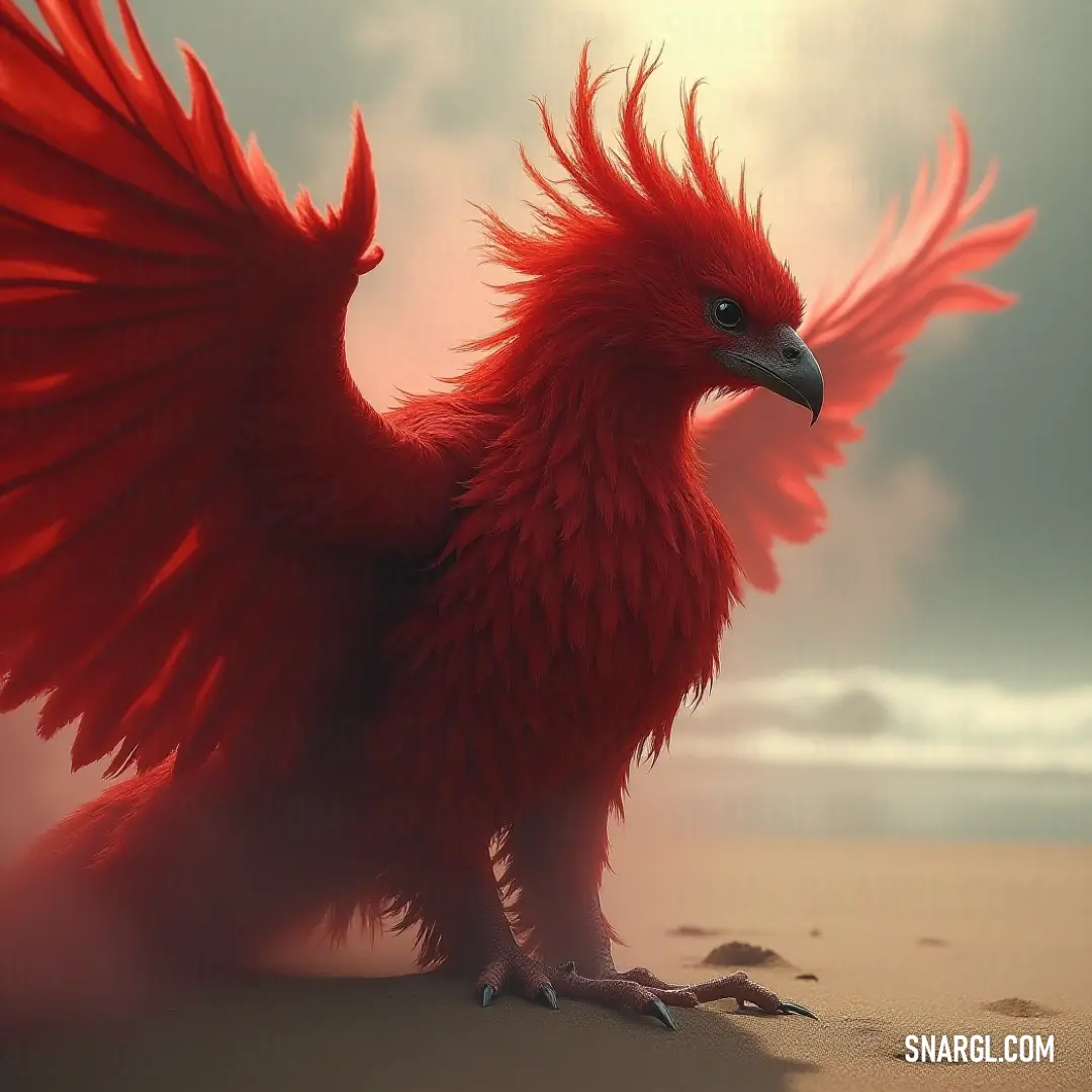 A stunning Red Pyriel with long tail and magnificent spread wings, poised on a beach under a cloudy sky, embodying grace and freedom. The beautiful Red Pyriel showcases its long tail and magnificent spread wings against a backdrop of a cloudy beach, seamlessly blending with the natural beauty of the moment, evoking feelings of freedom and adventure.