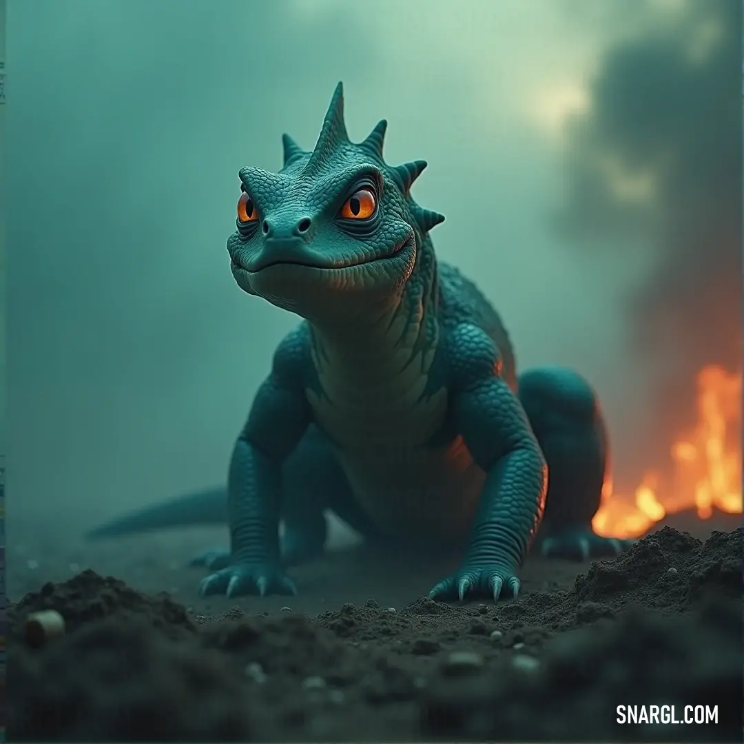 The Pyro Salamander, with its blue and orange fiery hues, sits atop a rock as flames and thick smoke swirl around it, creating an intense and dramatic atmosphere. A fiery blue and orange Pyro Salamander perches on a rock in front of a blazing fire. The intense smoke and swirling clouds in the background create an epic, dramatic scene, highlighting the salamander's vibrant colors.