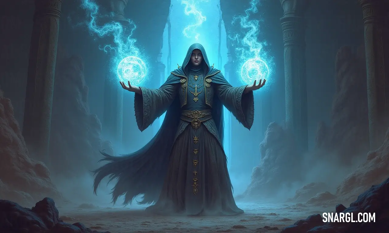 Shrouded in mystery, a figure in a hooded robe stands amidst a dark forest, holding two radiant orbs that emit an enchanting glow, while thick fog swirls around, enhancing the atmosphere of intrigue and magic.