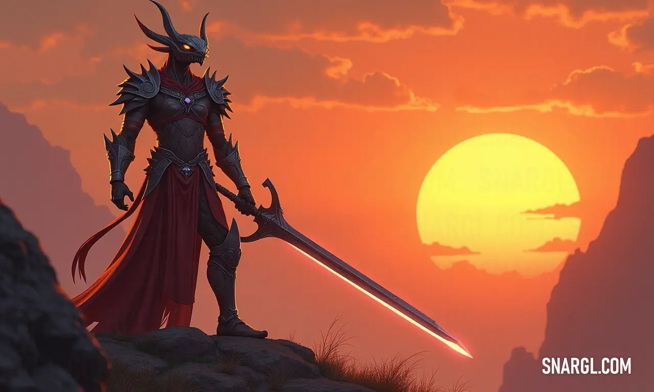 A valiant warrior poised on a hill at twilight, holding a gleaming sword, epitomizing bravery against the backdrop of a stunning sunset that bathes the world in a warm, golden glow. An imposing figure stands heroically atop a grassy hill, silhouetted against a breathtaking sunset, wielding a sword that glimmers in golden light, as a vast landscape unfolds beneath the evening sky's warm embrace.