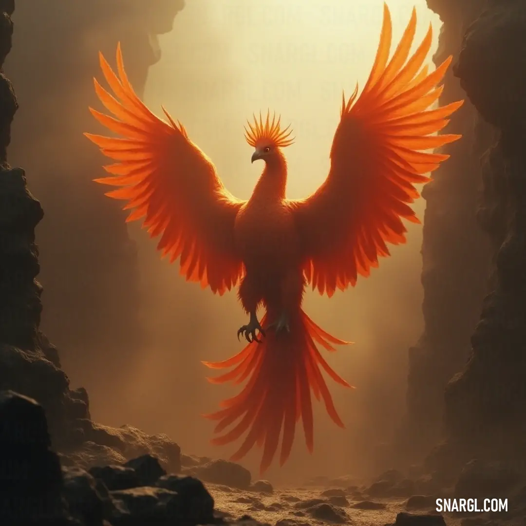 The powerful presence of Pyros the Eternal emerging in an ethereal cave, wings spread wide in a display of strength and beauty. Pyros the Eternal, adorned with striking orange wings, majestically poses within a shadowy cave, its wings extended in a powerful display against the stone backdrop.