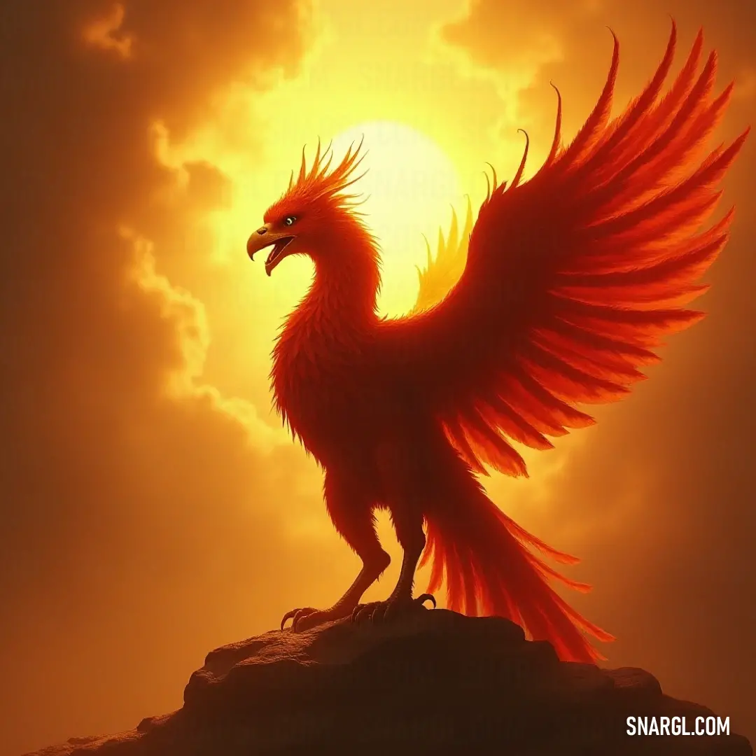 Pyros, adorned with brilliant red wings, emerges against a backdrop of a breathtaking sunset, showcasing a striking intertwining of colors and forms. With vibrant red wings spread wide, Pyros stands resolutely atop a rugged rock, silhouetted against a magnificent sunset, blending hues of warmth and brilliance that add to its striking presence.