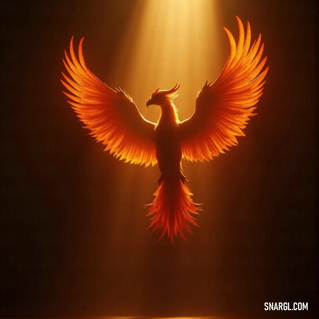 A Pyros, its wings wide and glowing, stands in a field of light as a bright beam shines down from above, highlighting its form in the dramatic contrast of light and shadow, with the world below bathed in twilight.
