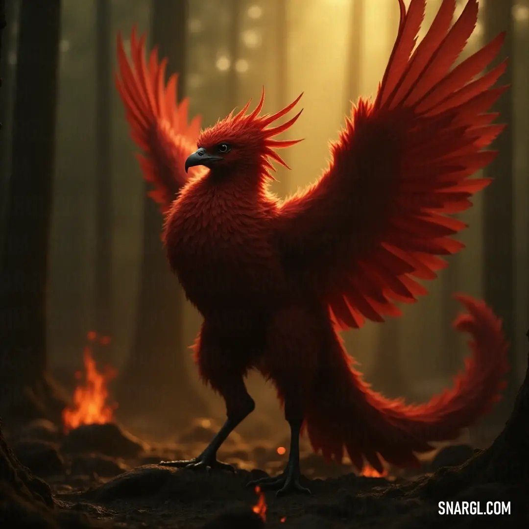 Red Pyros in a fiery forest setting, an emblem of strength with its long tail and vivid surroundings. Red Pyros, distinguished by its long tail, stands defiantly in a fiery forest, vivid flames flickering in the background, casting an aura of mystique and power.