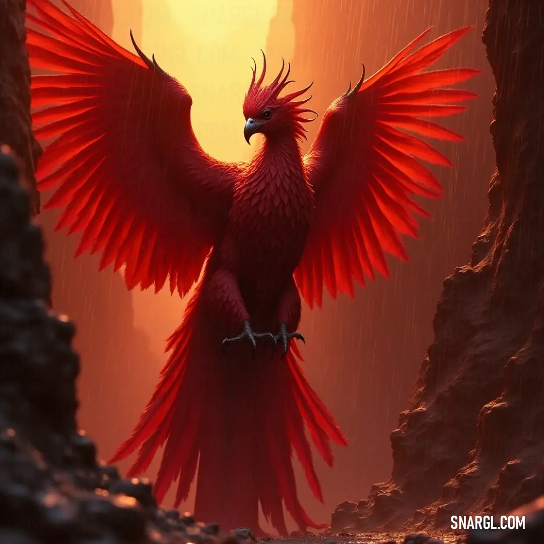 A red Pyros with its wings spread wide, standing still amidst the rain, its feathers glistening as the droplets create an ethereal atmosphere, bringing a sense of calm amid the storm.
