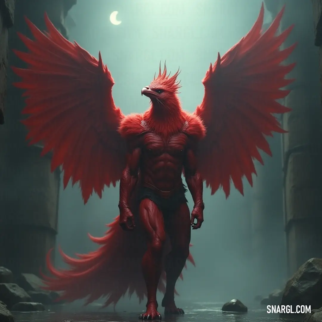 Red Pyros embracing the mystique of the night in a cave, its huge wings unfurled under the gentle illumination of the crescent moon. The awe-inspiring Red Pyros, with colossal wings, stands elegantly in a shadowy cave, the crescent moon illuminating the scene with an enchanting glow.