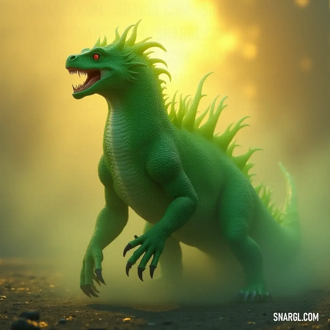 A green Pyrosaur with sharp teeth strikes a menacing pose, resembling a Godzilla-like creature ready to unleash its power. A fearsome green Pyrosaur, resembling a Godzilla-like creature, stands with sharp teeth exposed, exuding an aura of strength and danger.