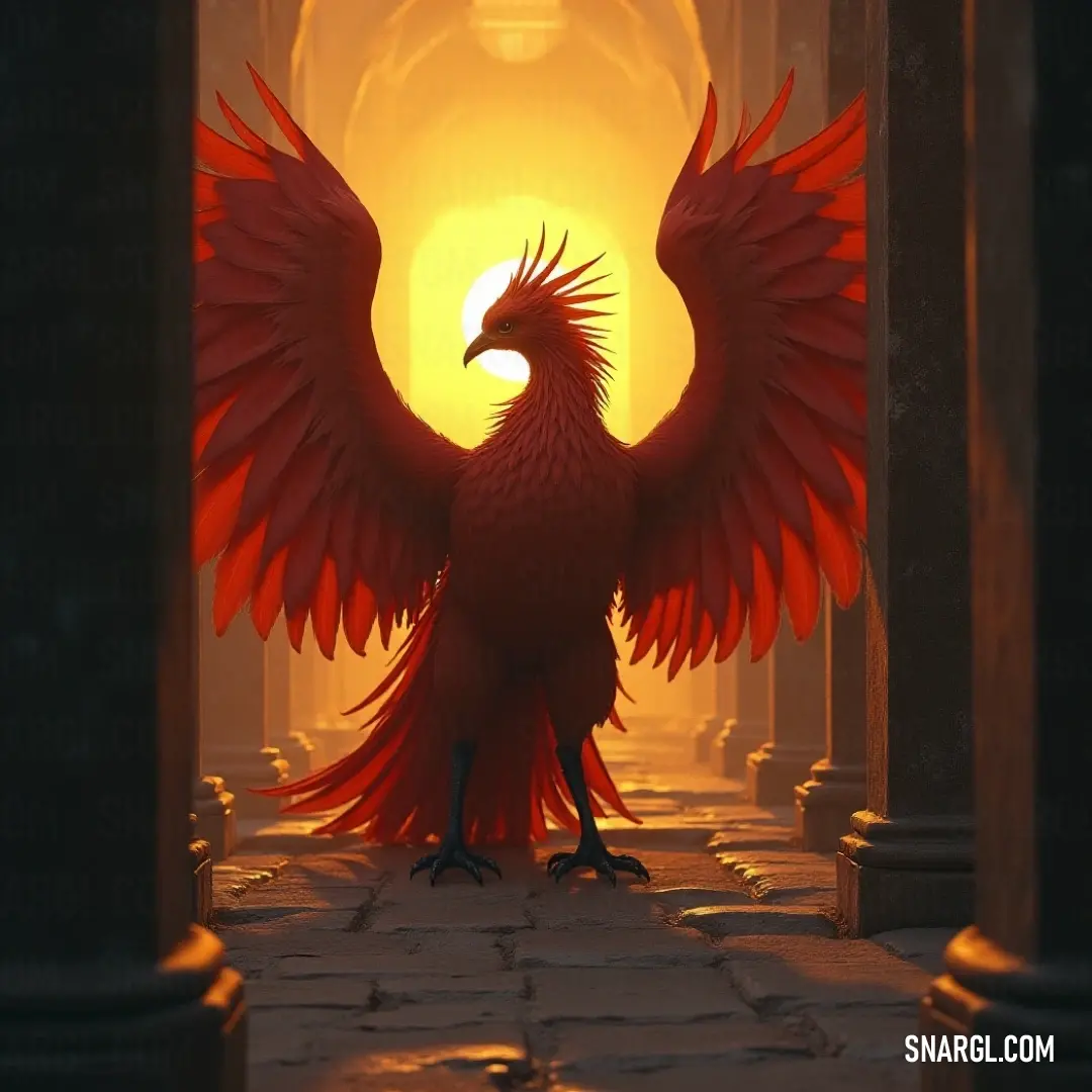 Pyrosoul stands majestically in a doorway, illuminated by the golden rays of the sun. The Pyrosoul, adorned with vivid red feathers, stands proudly in a doorway bathed in sunlight, creating a striking contrast against the warm glow, suggesting a magical encounter waiting just beyond the threshold.