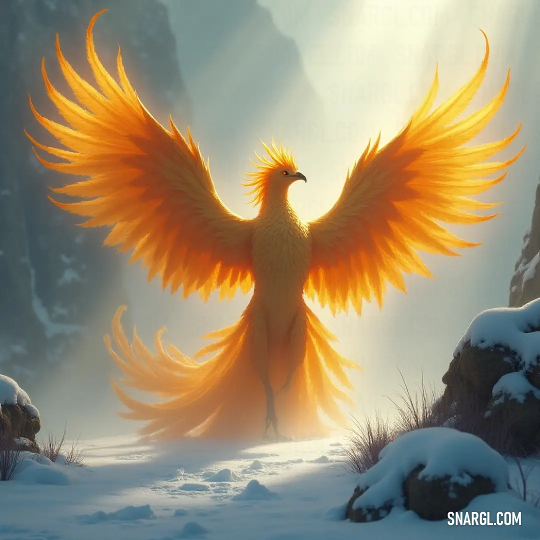 A pyrosoul with fiery yellow wings stands strong in the snow, its wings spread wide and glowing against the chilly white landscape, bringing warmth to the cold surroundings.