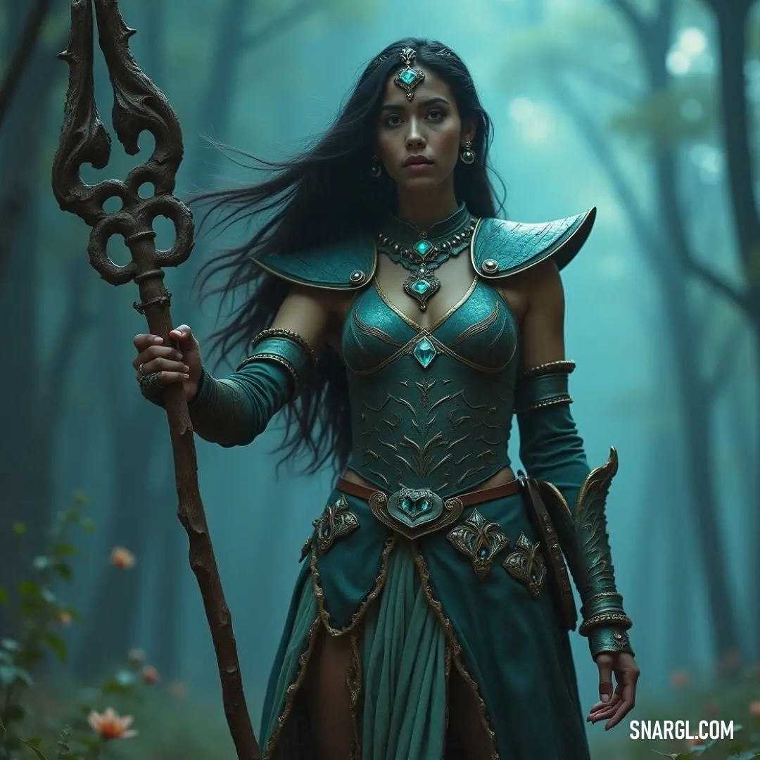 In a lush forest adorned with vibrant flowers, an oracle dressed in a green gown holds her staff with grace, embodying the harmonious balance of nature and wisdom in her gentle presence. Draped in a vibrant green gown, an oracle holds a staff, surrounded by lush trees and blossoming flowers in a vibrant forest, exuding an aura of natural wisdom and vitality.