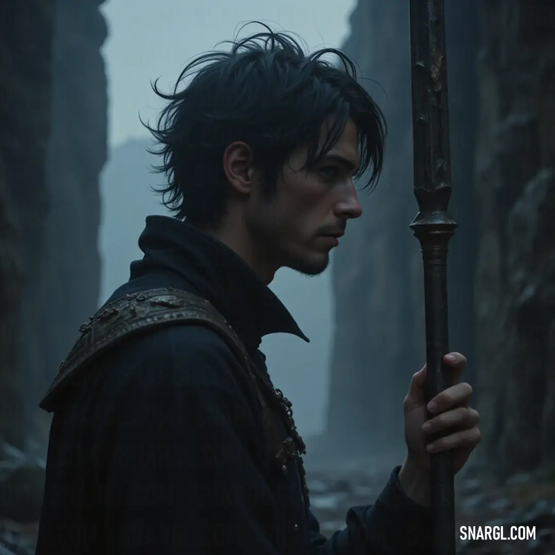 A fierce warrior stands resolutely in a dark forest, wielding a sword as spectral fog curls around him, the atmosphere thick with anticipation and the weight of untold stories.
