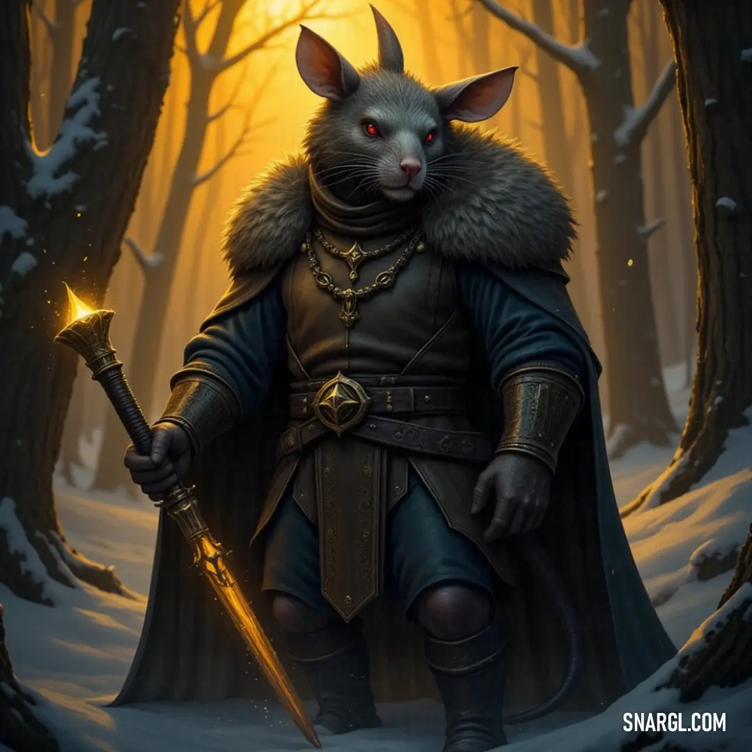 Queek Headtaker in a winter forest holding a glowing sword with light emanating from his mouth In a wintery forest, Queek Headtaker stands, holding a sword, with a strange glowing light emerging from his mouth. The cold environment contrasts with the warmth of the glowing energy, creating an otherworldly scene in the snow-covered woods.