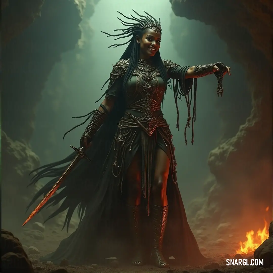 A majestic Queen of Sheba in a regal costume, holding a sword, her dreadlocks flowing as she stands with unwavering authority, a symbol of power and grace. The regal Queen of Sheba, adorned in a stunning costume with dreadlocks cascading down her back, stands tall with a sword in her hand, exuding strength and grace as she gazes into the distance.