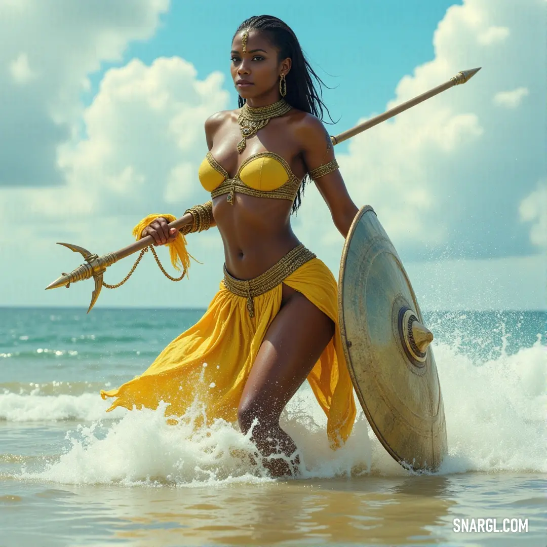 A warrior queen in a bikini, armed with a spear and shield, stands defiantly in the water, her presence commanding attention and respect. A fierce and confident woman in a striking bikini stands in the water, her spear raised high as the glistening surface reflects the sunlight. A shield hangs by her side, enhancing her warrior spirit amidst the serene watery surroundings.