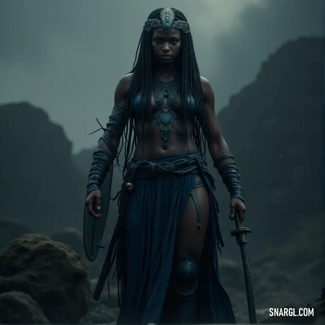 A powerful queen stands tall in her ornate costume, holding a shining sword with an air of unyielding strength and nobility. A regal figure, dressed in a stunning costume, stands confidently with a gleaming sword in hand. Their strong presence captures the essence of power and wisdom, set against an elegant background that accentuates their royal stature.