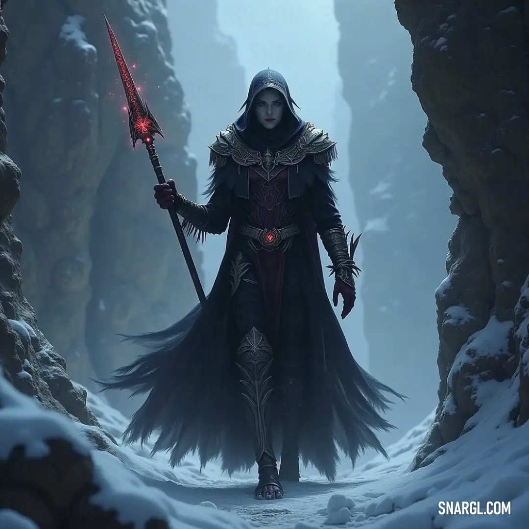 A figure in black armor holds a glowing red sword in a snow-covered cave, the light from the sword piercing the frigid surroundings and casting a haunting glow across the icy landscape. A warrior in black gear stands in a snow-covered cave, gripping a red sword. The soft glow from the sword’s light contrasts against the cold, icy environment, creating a scene full of intensity and solitude.