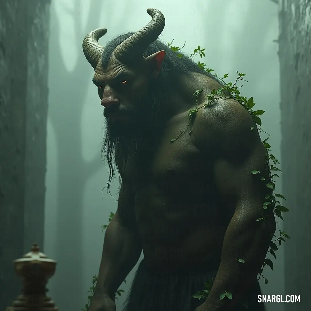 Quercus stands in a forest clearing, his impressive horns and beard creating a striking silhouette, complete with a quirky fire hydrant in the background, blending nature with a touch of unexpected whimsy.