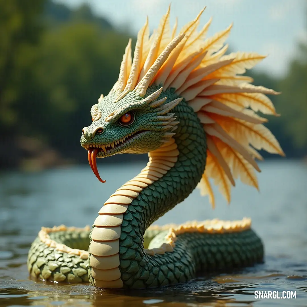 An awe-inspiring Quetzalcoatl emerges from tranquil waters, its vibrant yellow head and tail glistening under the soft sunlight, harmoniously blending with the lush greenery that envelops its presence.