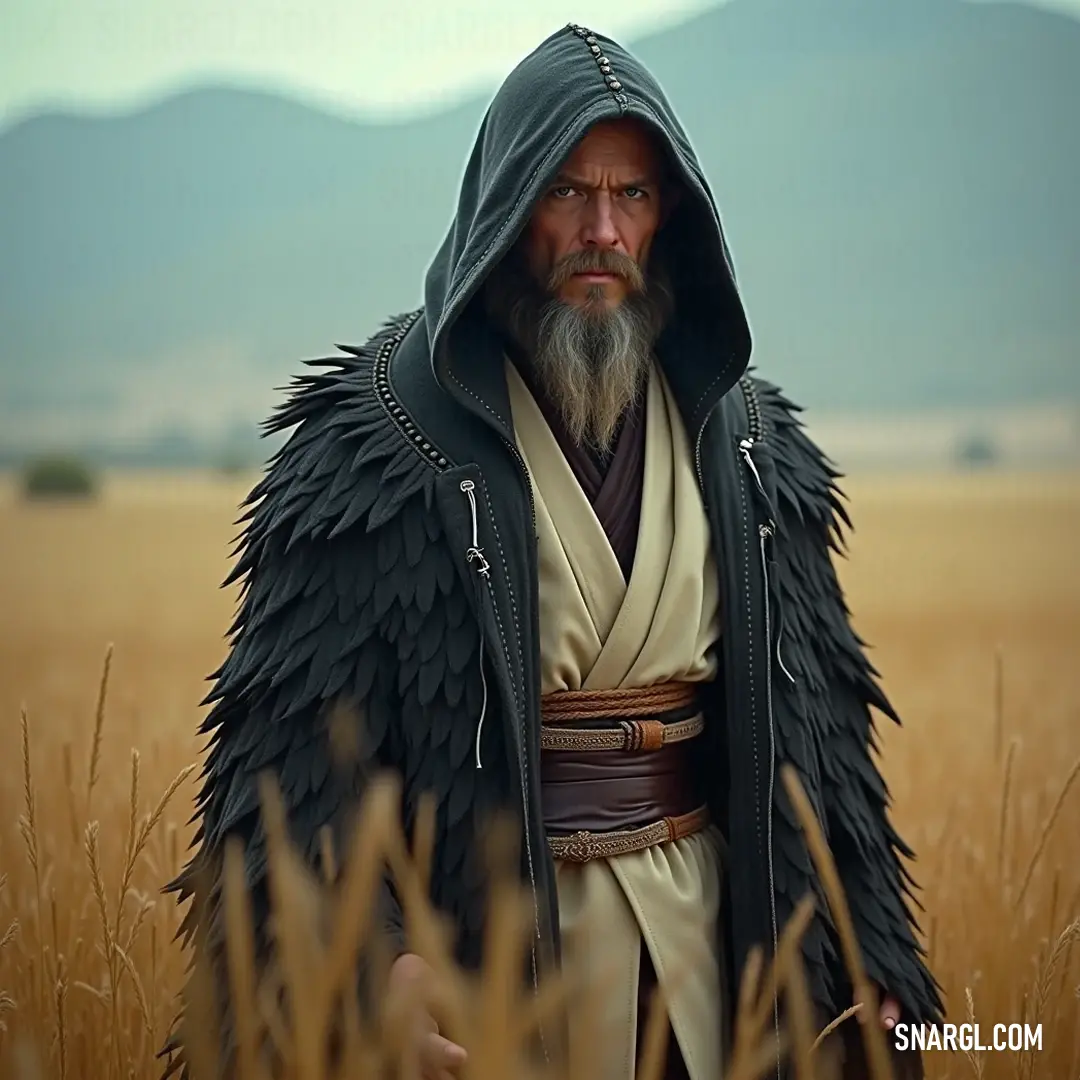Adorned in a stylish hooded jacket, a contemplative character stands confidently in a golden wheat field, with majestic mountains rising in the distance, embodying the spirit of adventure and the beauty of nature's landscapes.