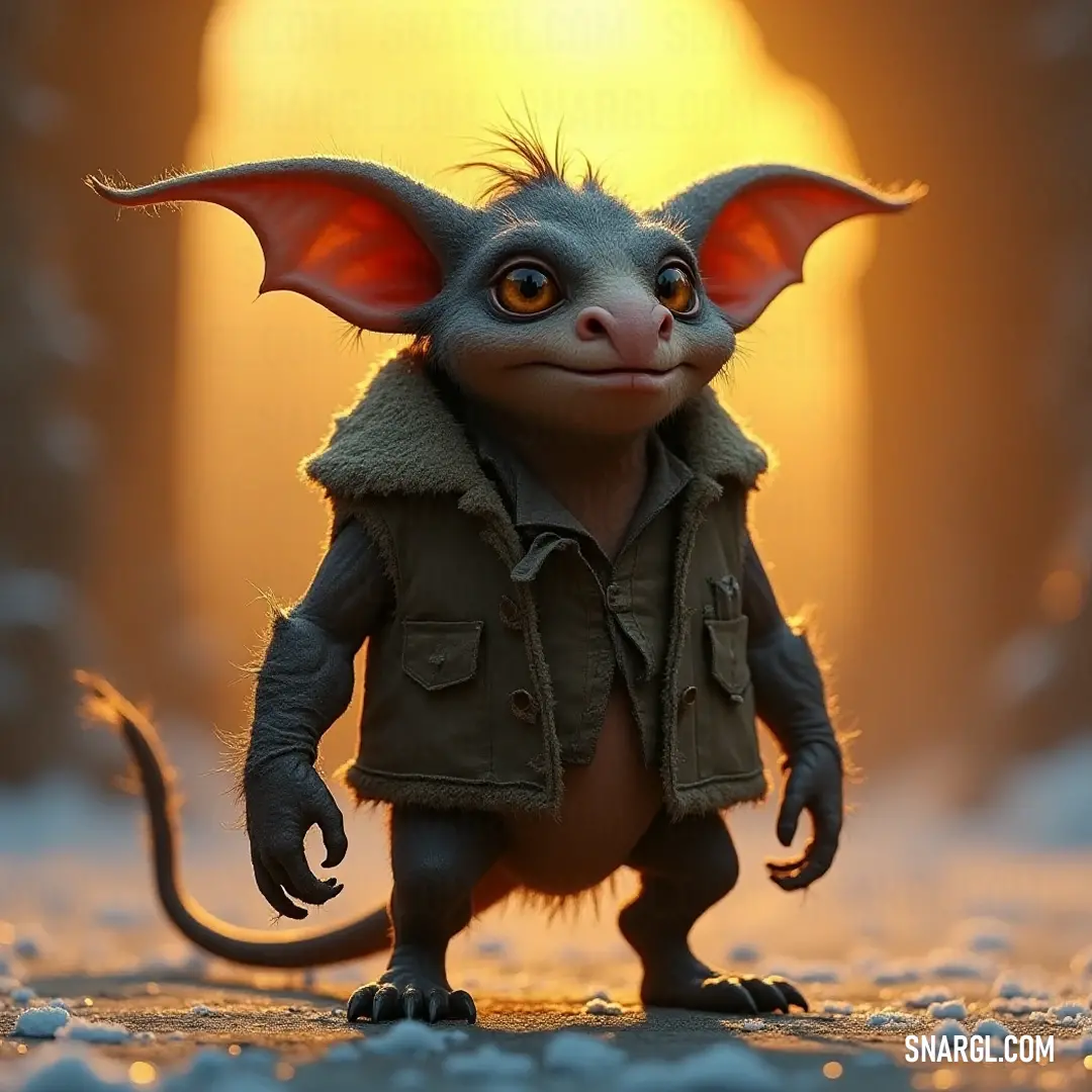 A charming small Quibble, dressed in a stylish jacket, stands before an enchanting light source, emanating happiness and whimsy in its joyful pose amidst a magical backdrop. A delightful small Quibble proudly dons a fashionable jacket, standing against a heavenly light that emanates from behind. Its charming expression and unique attire create a captivating scene filled with joy and whimsy.