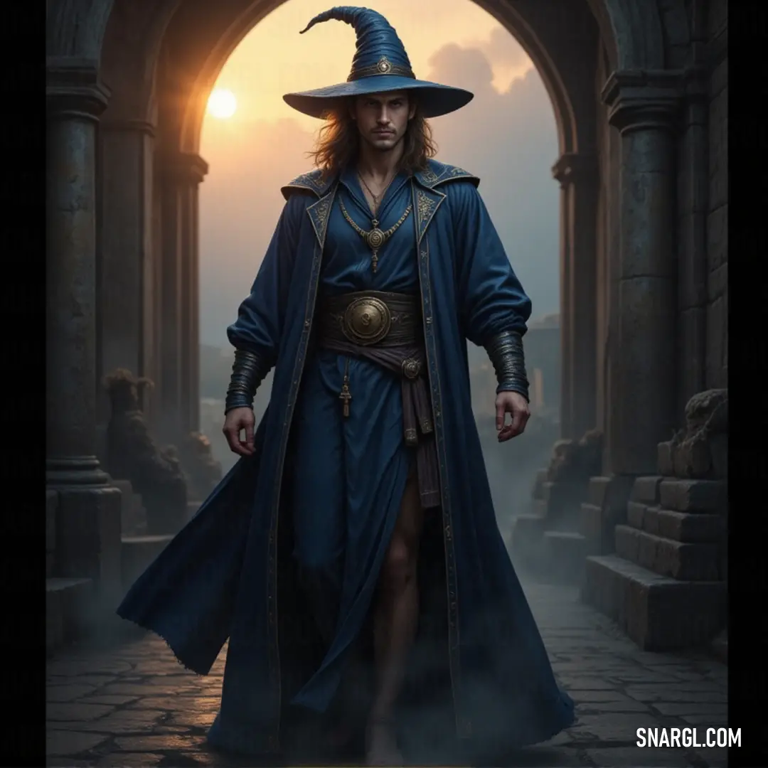 A wizard in a dark cloak and hat strides through a dimly lit tunnel, his steps echoing as he journeys into the unknown. A young wizard, dressed in a dark wizard’s costume, walks through a damp tunnel. His wide-brimmed hat and billowing cape flow behind him, adding to the air of mystery and secrecy that surrounds him.