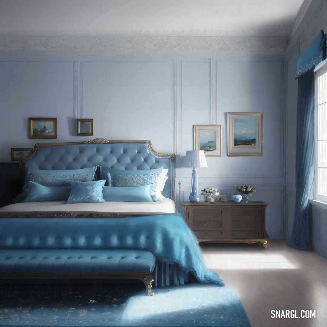 Bedroom with a blue bed and a blue rug on the floor