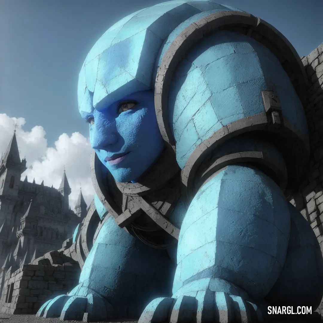 Blue creature is in front of a castle with a sky background