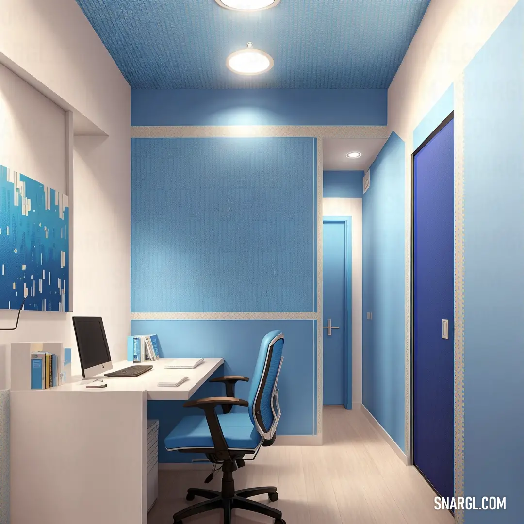 Blue office with a desk and chair in it and a blue door in the background