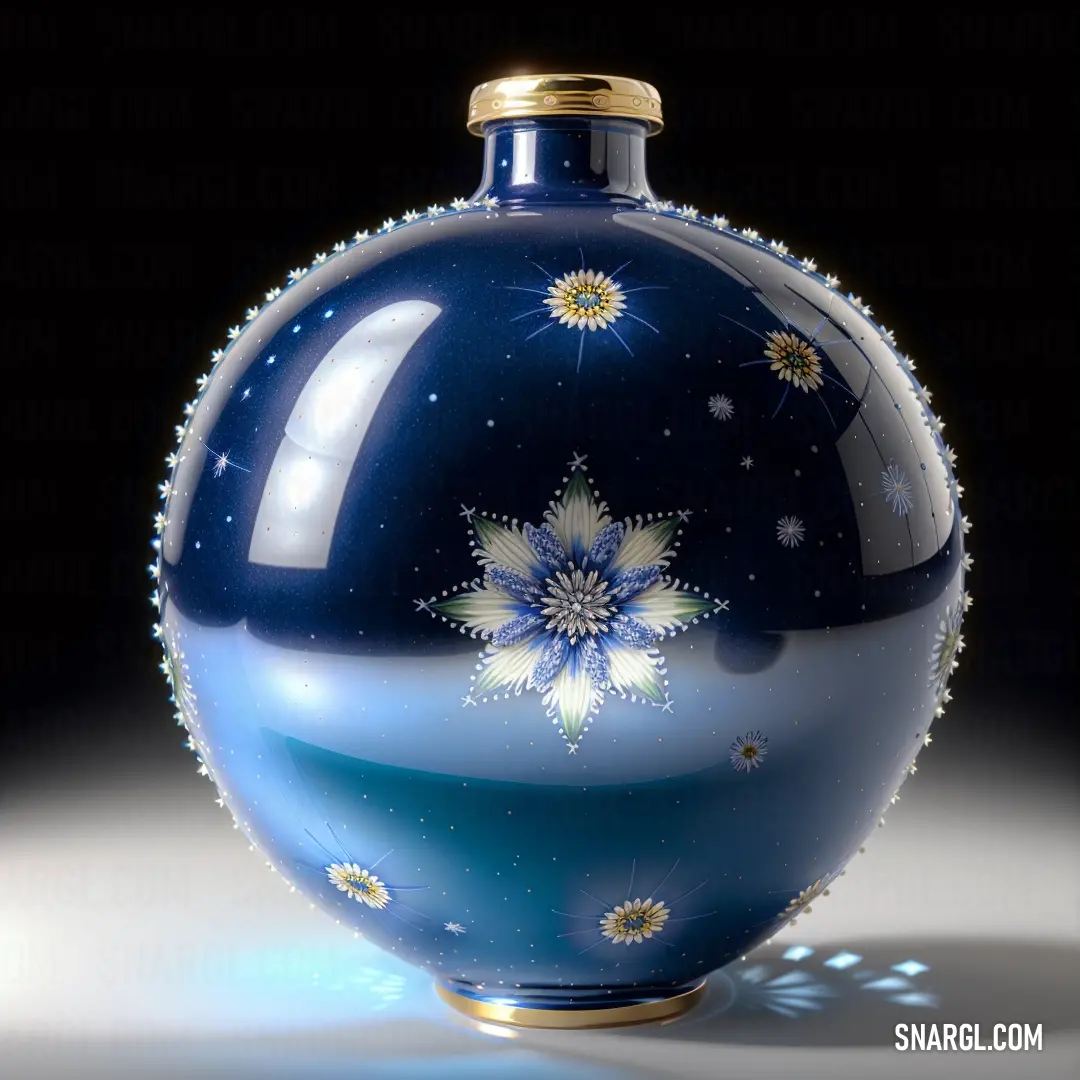 Blue vase with a gold top and a star decoration on it's side