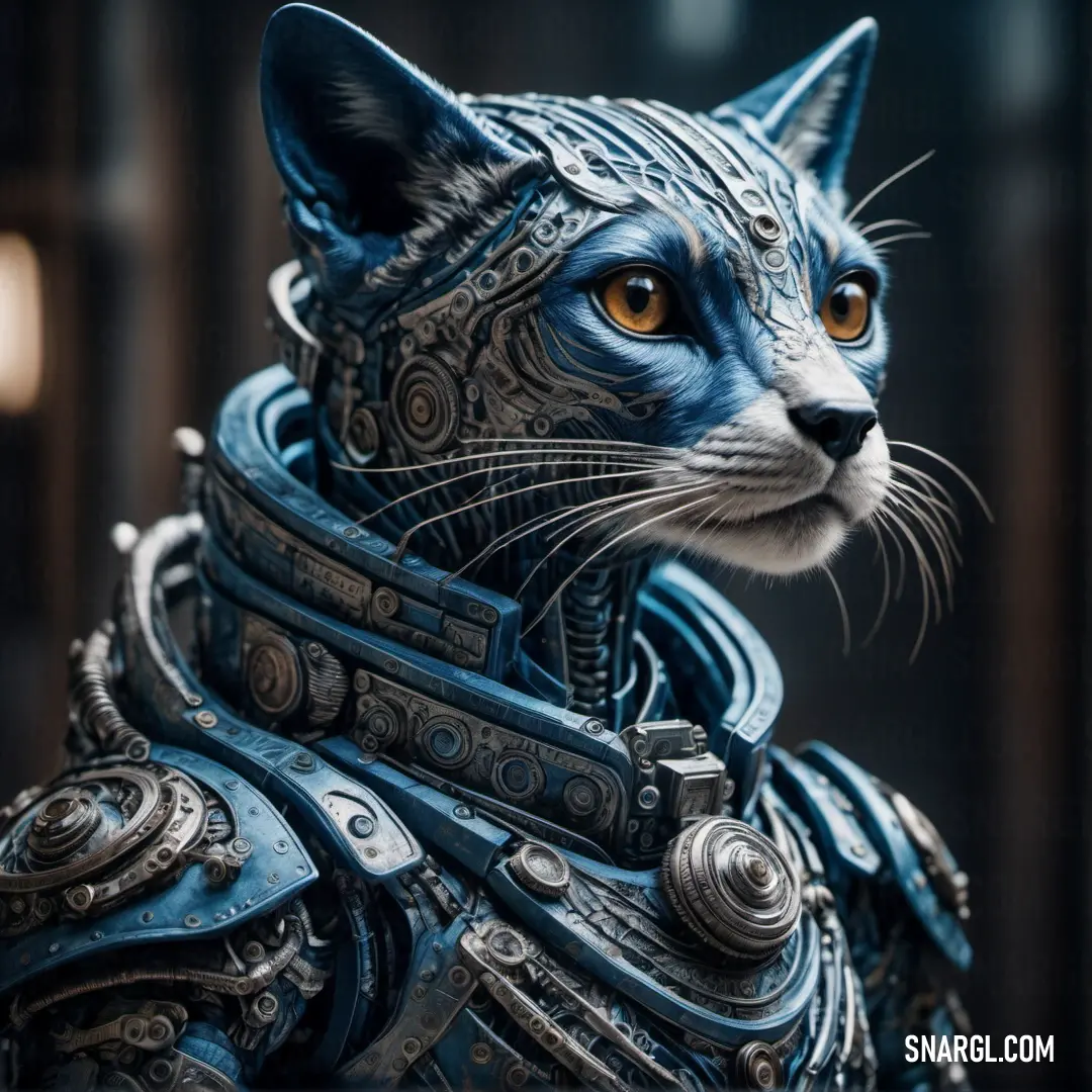 Cat with a blue body and a collar on its head. Example of #5D8AA8 color.