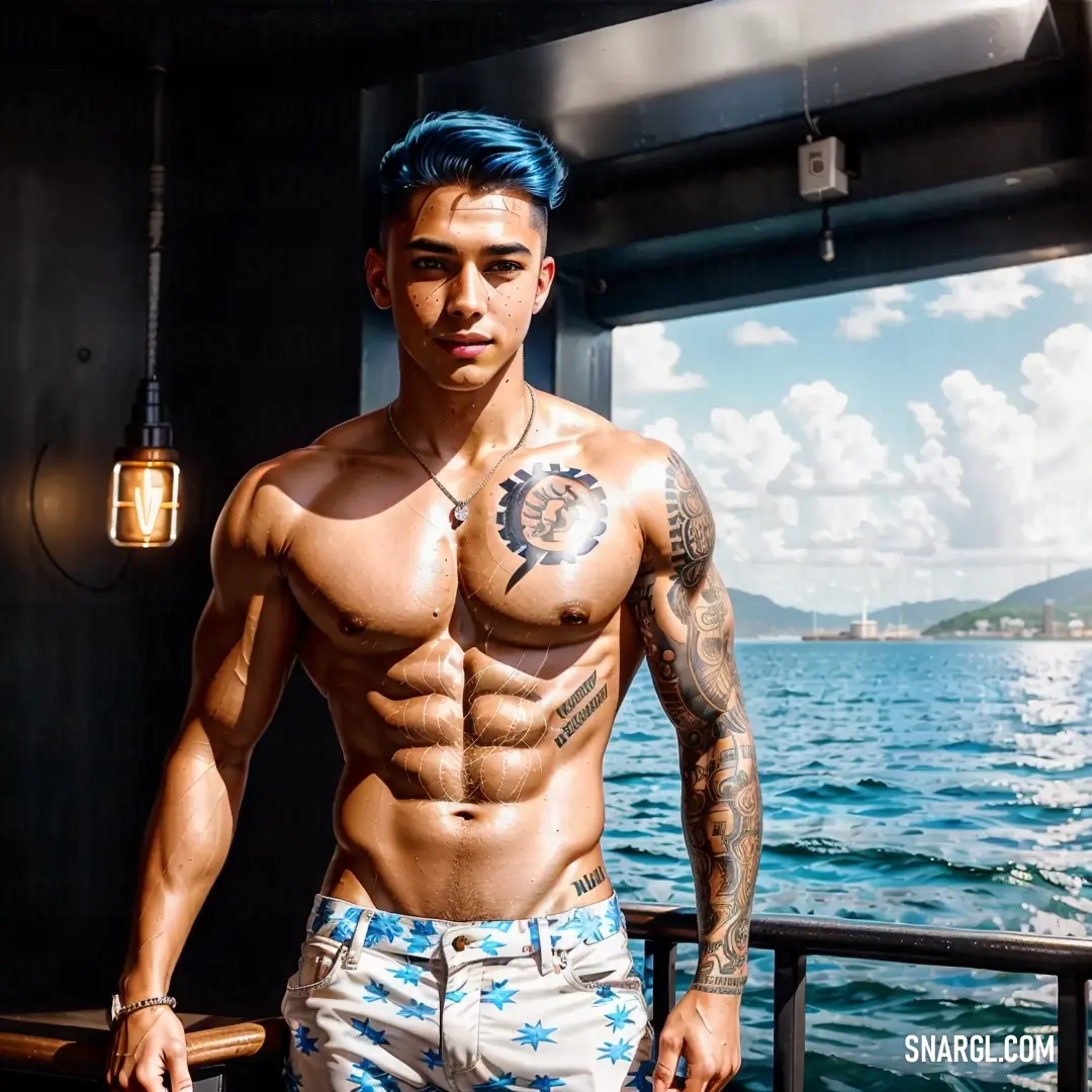 Man with a tattoo on his chest standing by the water with his hands in his pockets and his shirt off