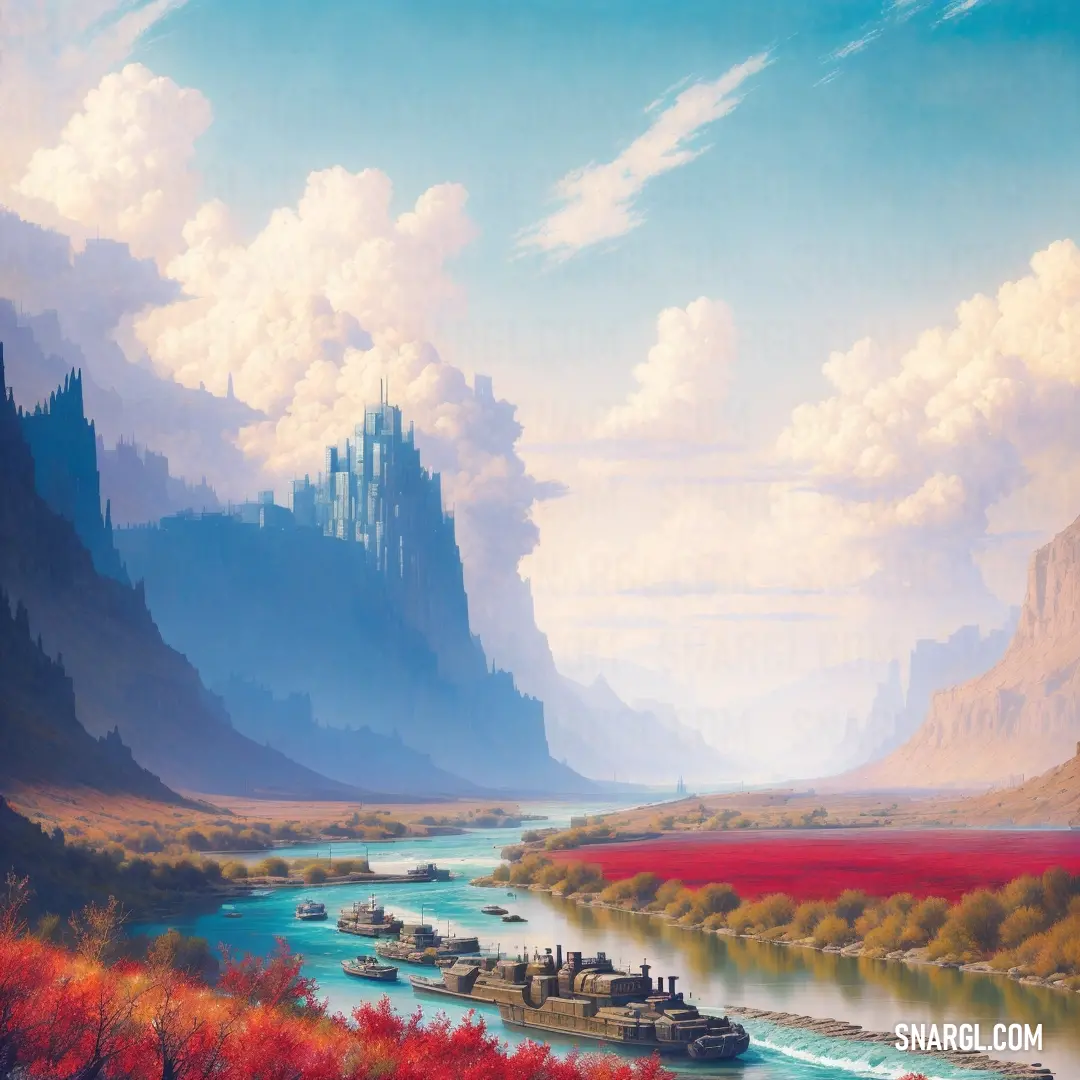 Painting of a river with a castle in the background and a mountain range in the distance with red flowers