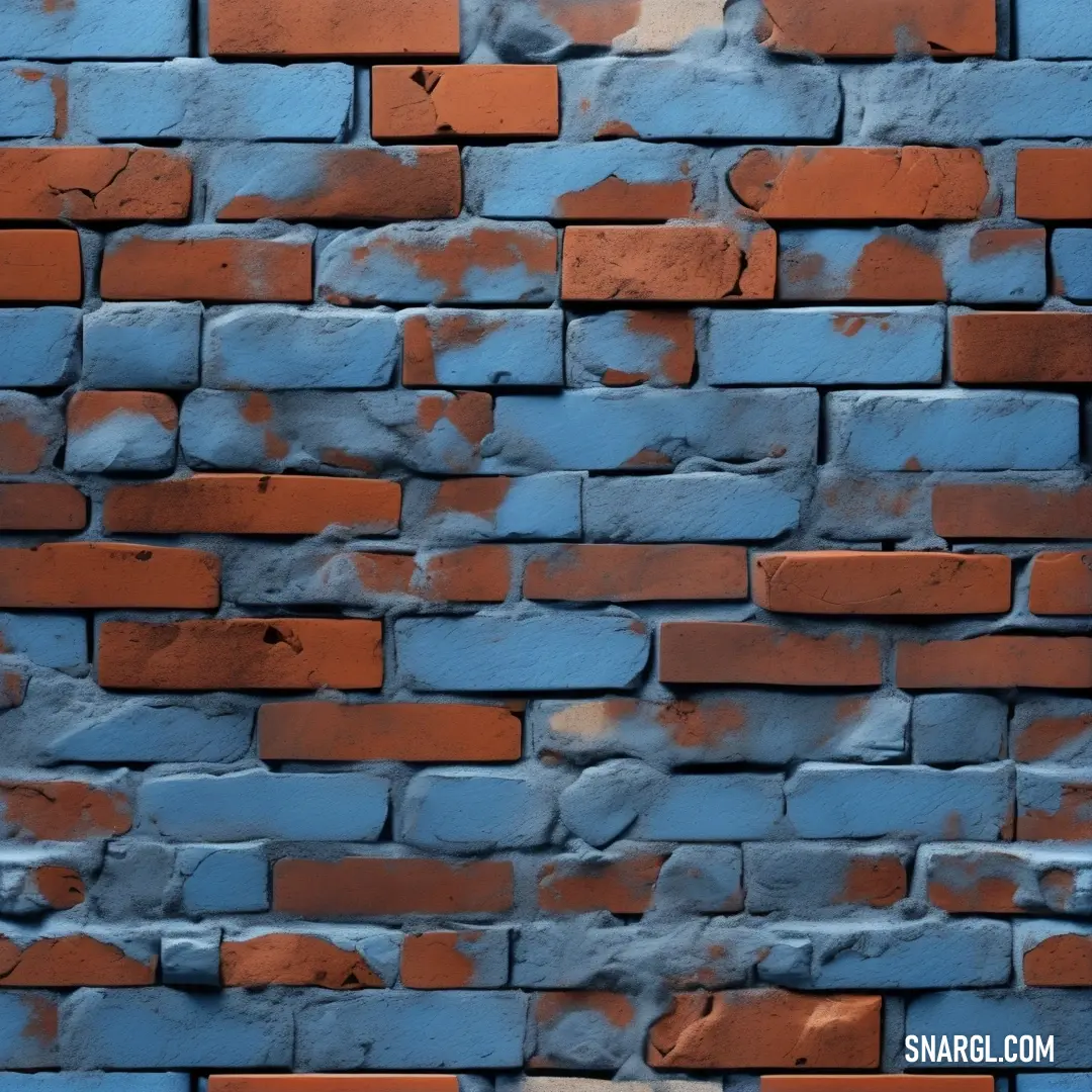 Brick wall with a blue and red paint chipping it's sides. Example of Rackley color.