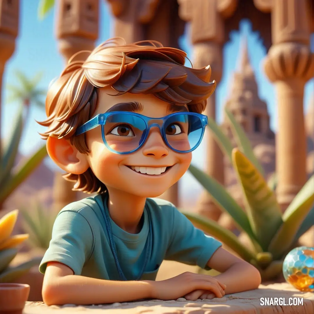 Cartoon boy with glasses on a table next to a plant and a globe in the background. Color CMYK 45,18,0,34.